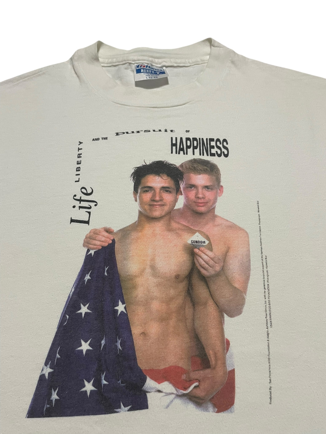 Early 1990s “Life, Liberty and the Pursuit of Happiness” San Francisco AIDS Foundation Photo Tee by Warwick May (L)